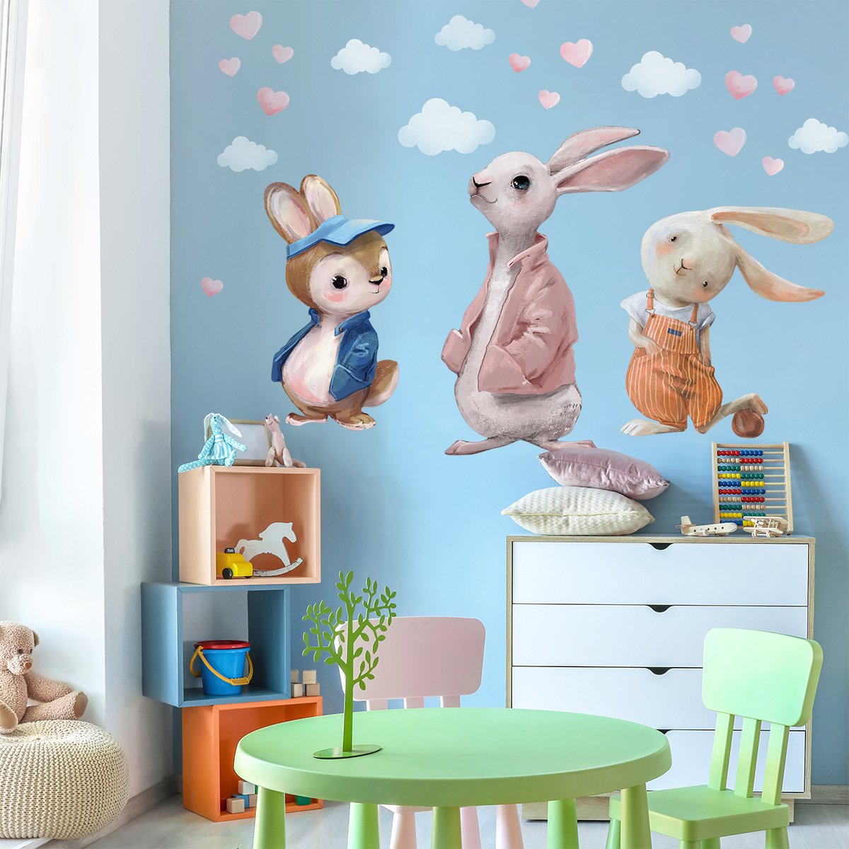 Kolorowe, duże naklejki na ścianę króliki  do pokoju chłopca