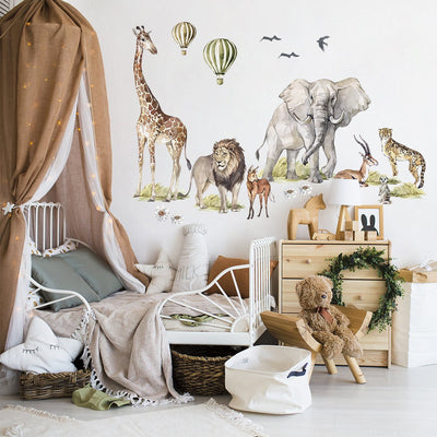 Naklejki na ścianę do pokoju dziecięcego - żyrafa, słoń, lew i dzikie zwierzęta Afryki
