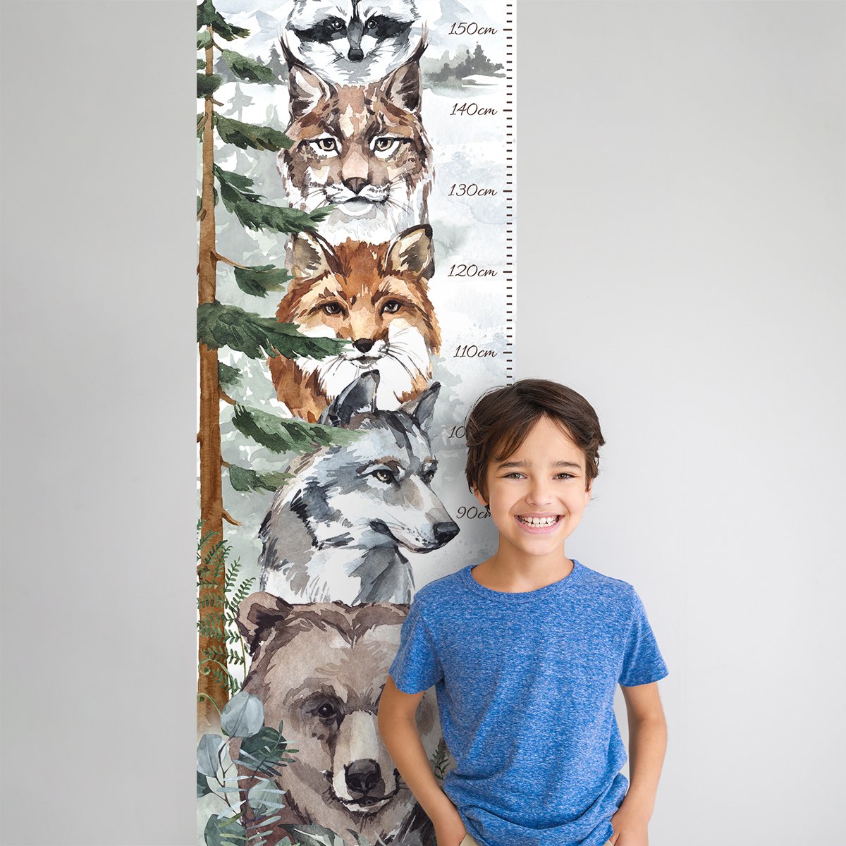 Naklejki na ścianę miarka wzrostu dla dzieci niedźwiedź, wilk, lis, ryś, szop i las