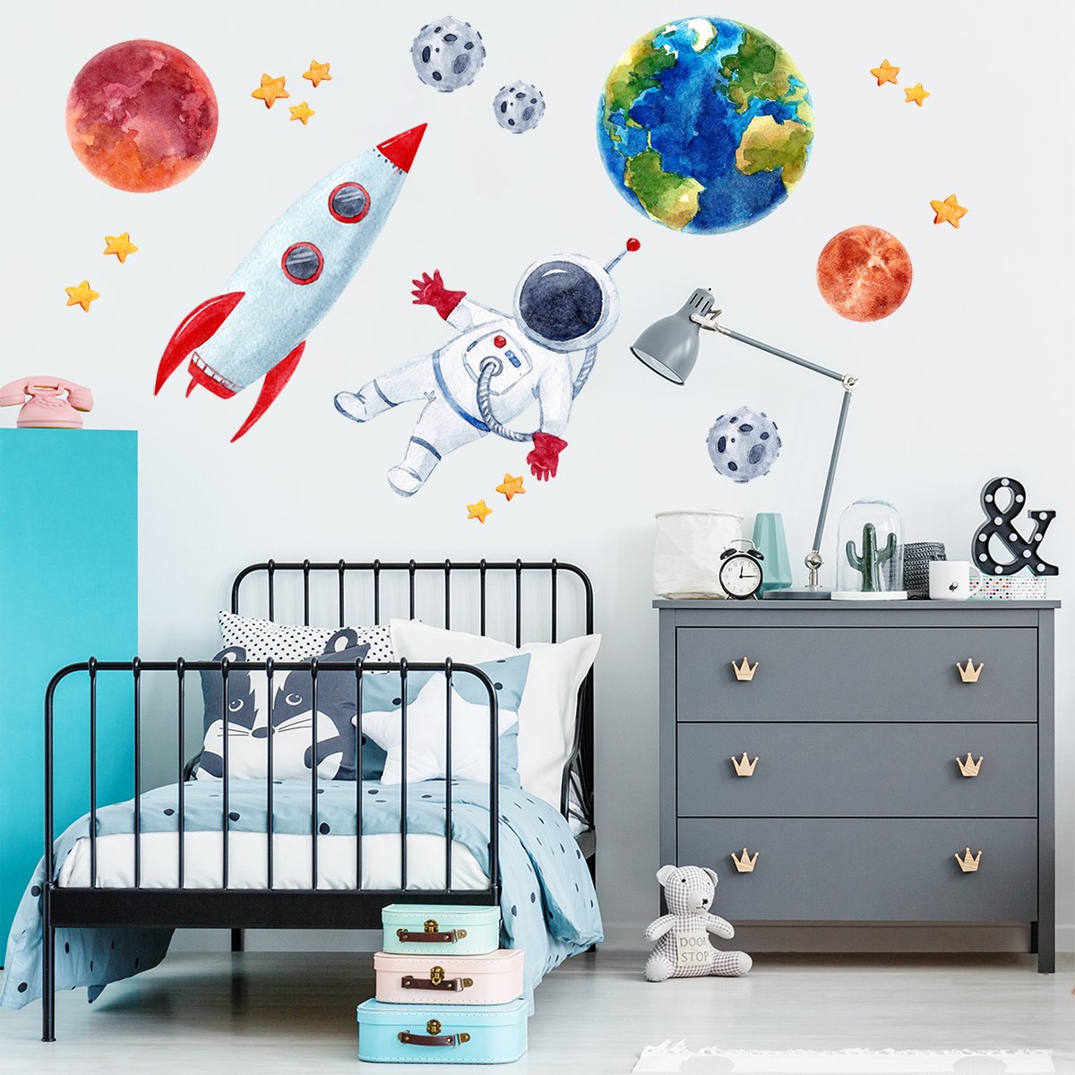 Naklejki na ścianę do pokoju chłopca kosmos, galaktyka, planety, ziemia, mars i rakieta
