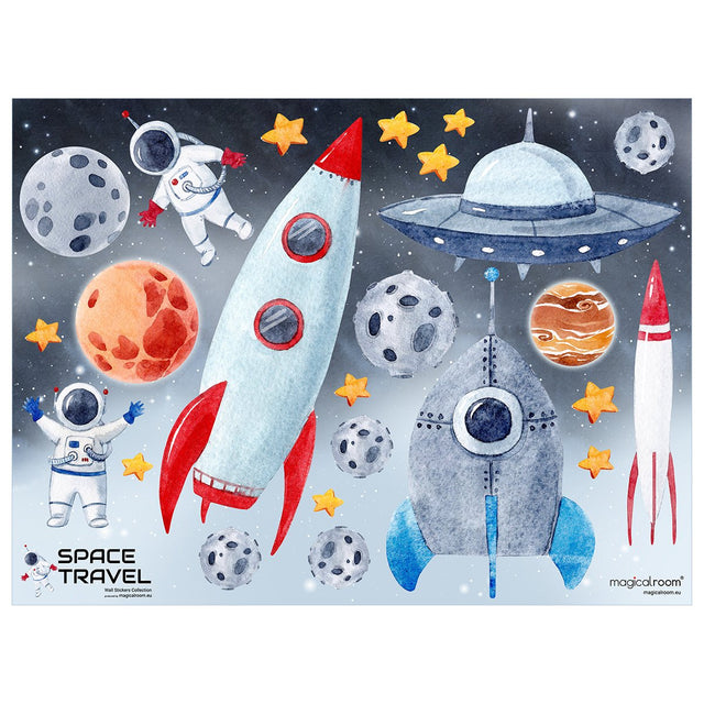 Naklejki na ścianę do pokoju chłopca  rakieta, astronauta, gwiazdy, kosmos i statek ufo