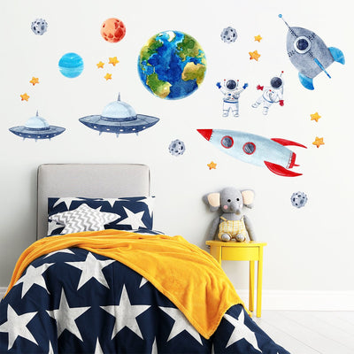 Naklejki na ścianę do pokoju dziecięcego kosmos, rakieta, gwiazdy i ufo