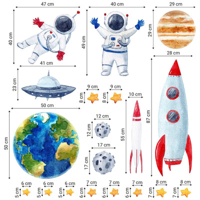 Naklejki na ścianę dla chłopca rakieta, ziemia, planety, ufo, statek kosmiczny i  astronauta