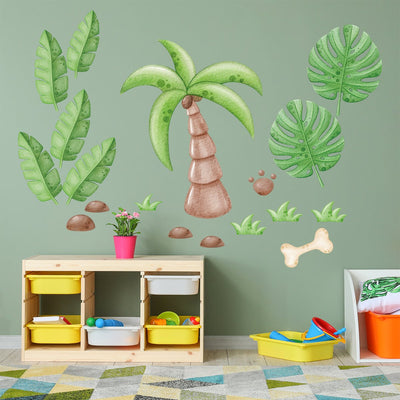 Naklejki na ścianę do przedszkola dżungla, rośliny, monstera, palma i egzotyczne liście