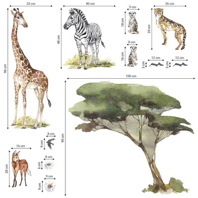 Naklejki na ścianę dzikie zwierzątka Afryki do pokoju dziecięcego - żyrafa, zebra, gepard surykatki i drzewo