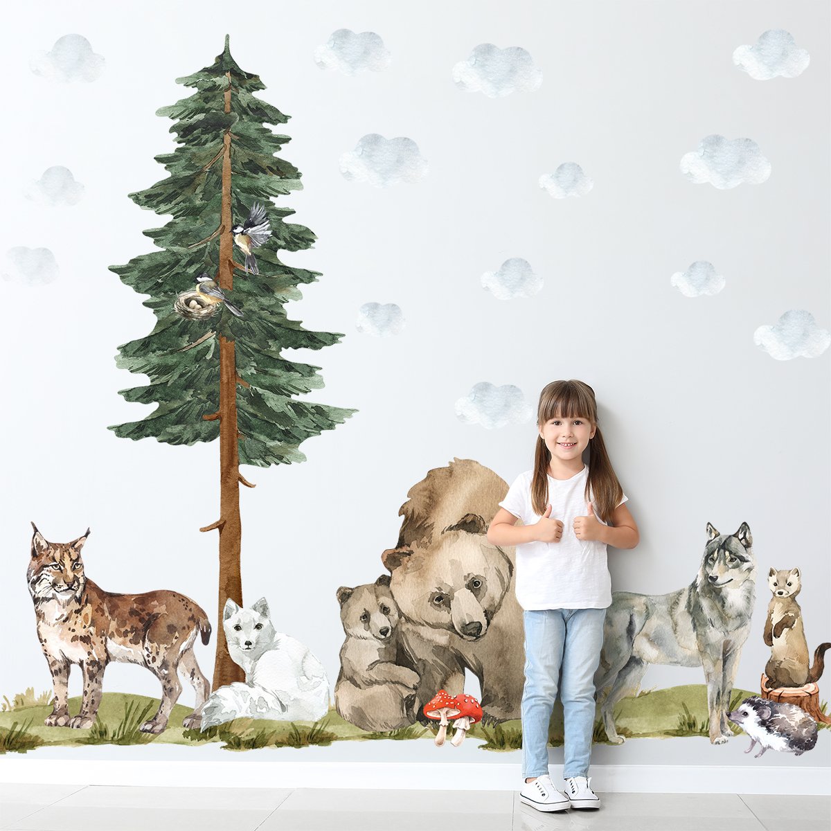 Naklejki na ścianę dla dzieci zwierzęta leśne i duża choinka