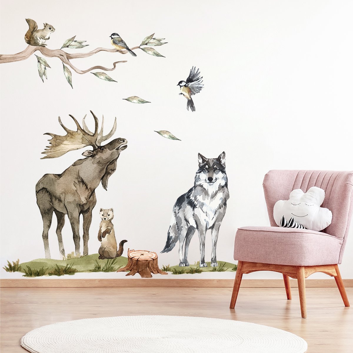 Duże naklejki na ścianę dla dzieci zwierzęta leśne, wilk, norka i łoś
