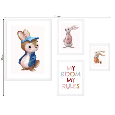 Galeria ścienna do pokoju dzieci z białymi ramkami - obrazy z królikami i kolorowym napisemi#ramka_biala