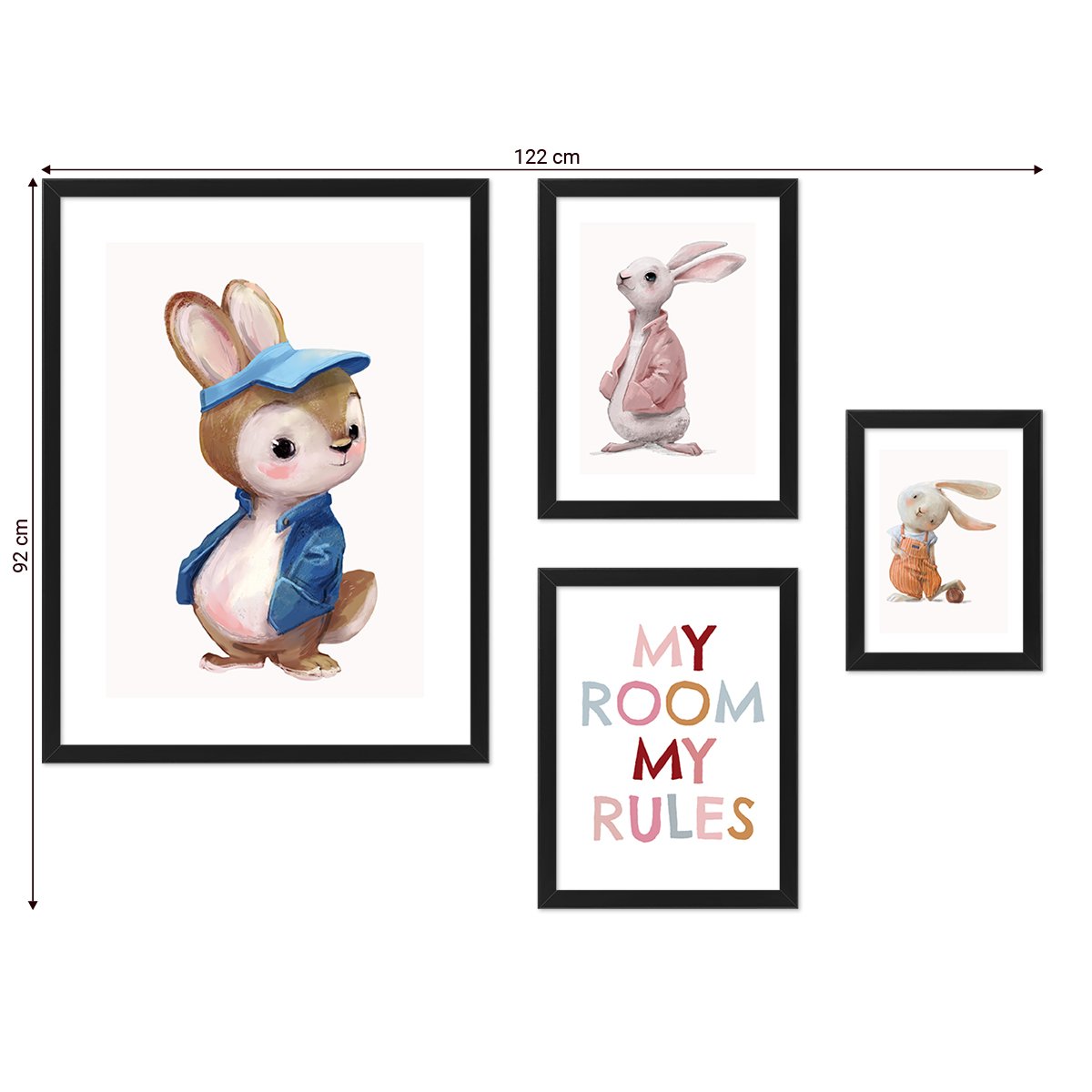 Galeria ścienna do pokoju dziecięcego - obrazy z królikami i angielskim napisem#ramka_czarna