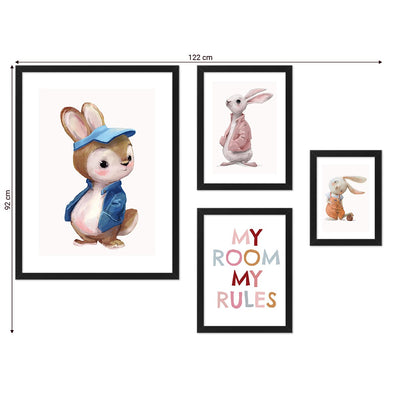 Galeria ścienna do pokoju dziecięcego - obrazy z królikami i angielskim napisem#ramka_czarna