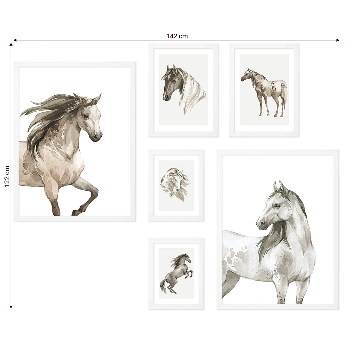 Galeria ścienna - obrazy z malowanymi końmi w białych ramkach do salonu#ramka_biala