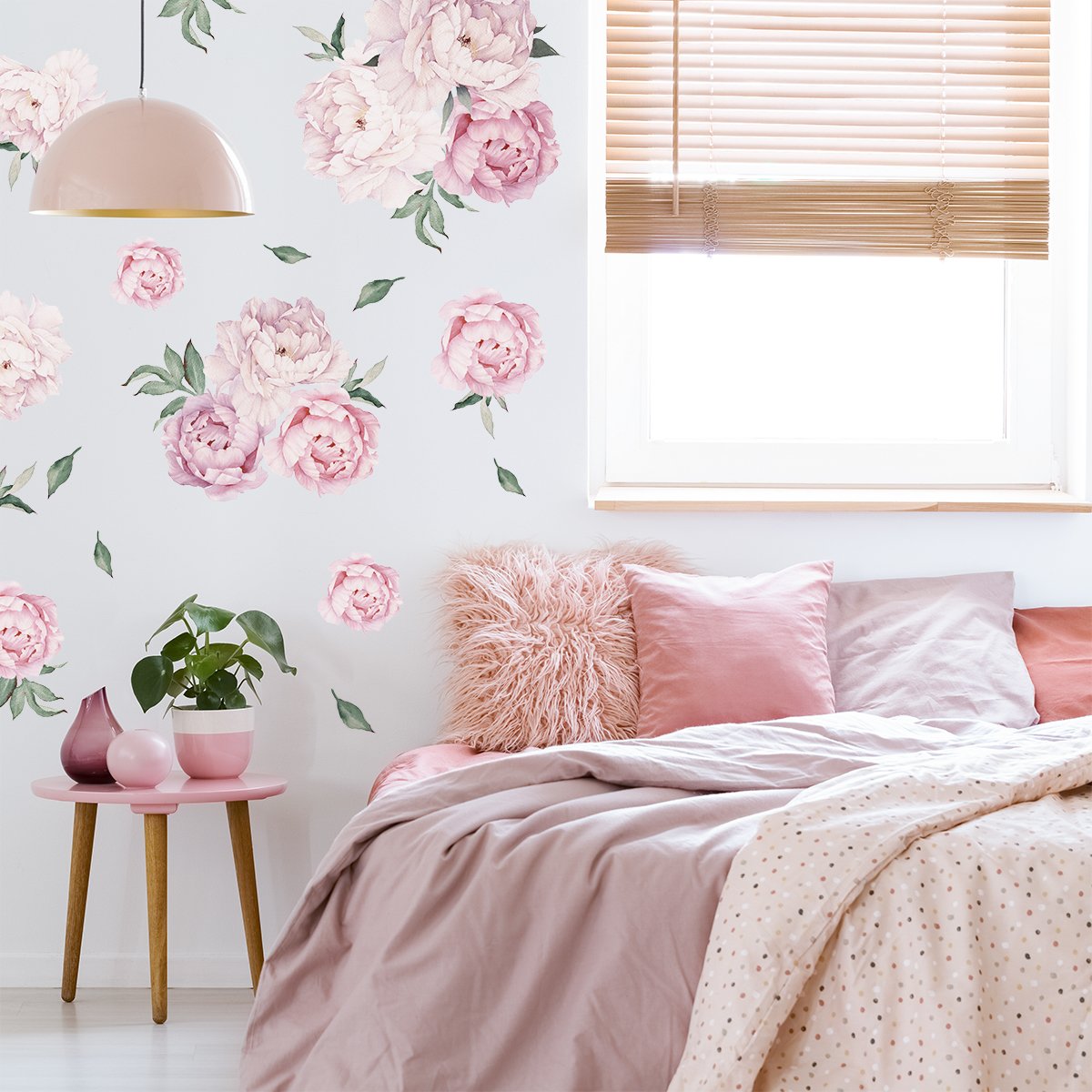 Różowe piwonie i zielone liście - naklejka na ścianę do sypialni#kolor_rozowy-mix