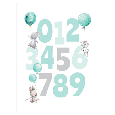 Plakat na ściane dla dzieci miętowe cyfry i króliczki z balonami#kolor_mietowy