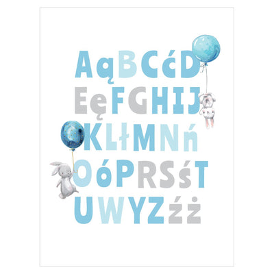 Plakat dla małych dzieci z alfabetem ułatwiający łatwe zapamiętywanie liter - ozdoba ścian do pokoju dziecięcego#kolor_niebieski