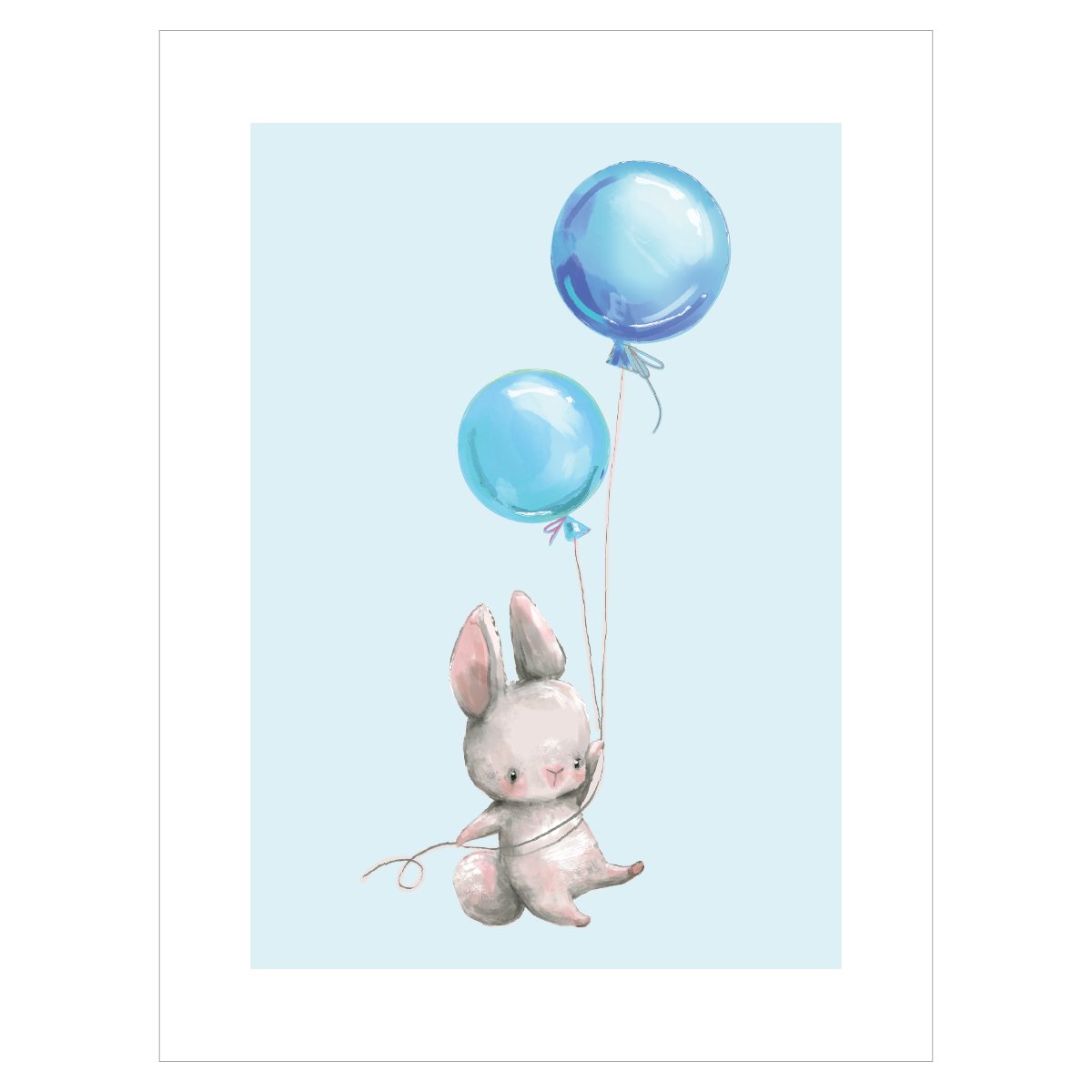 Plakat dla dziecka z króliczkiem lecącym na dwóch niebieskich balonach#kolor_niebieski