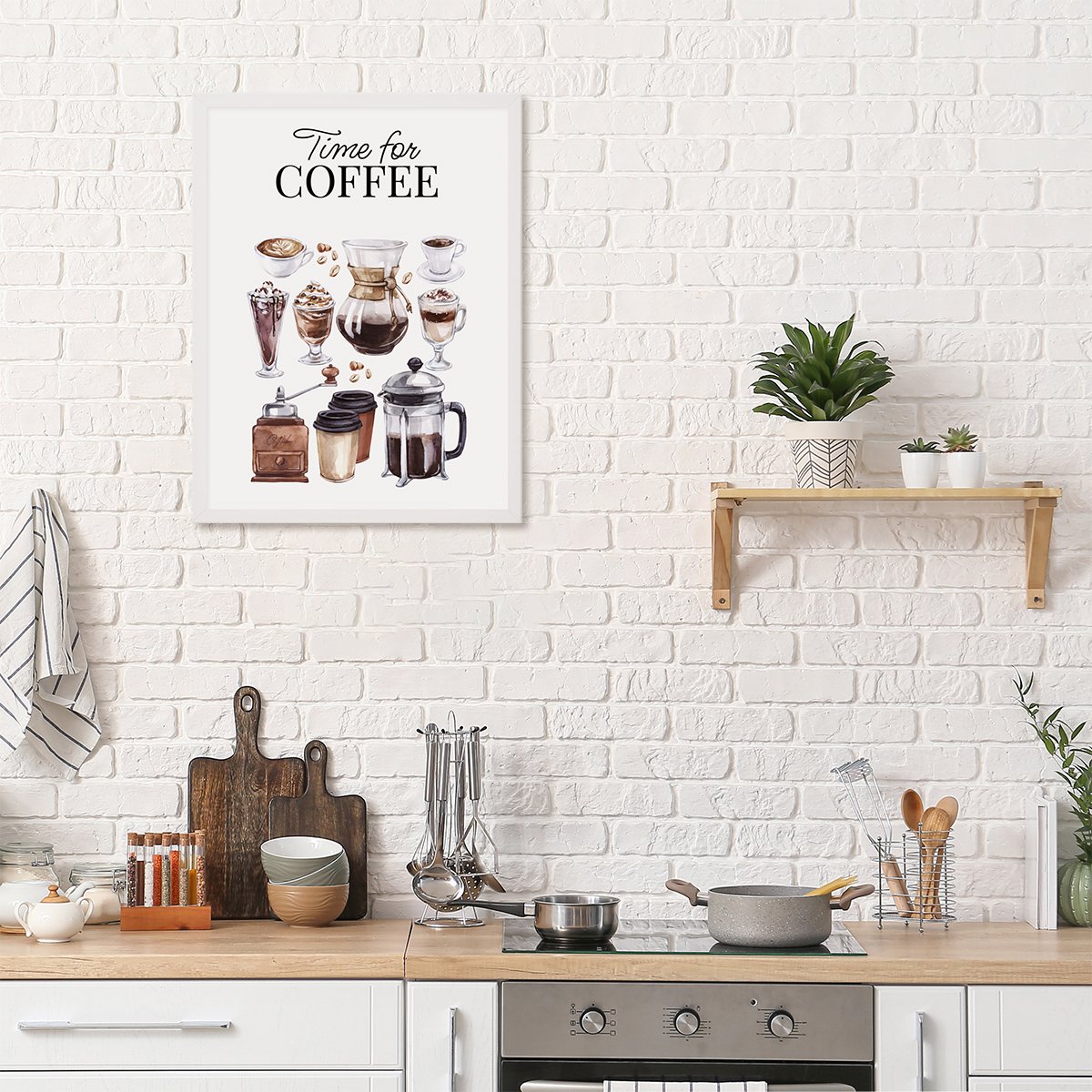 Plakat do kuchni z napisami i kawą z białą ramką