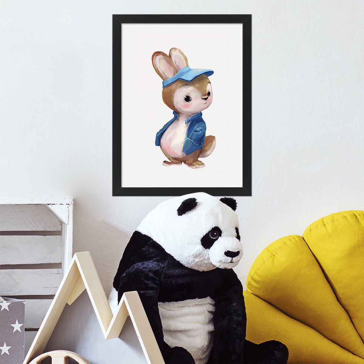 Plakat na ścianę królik do pokoju chłopca w czarnej ramie