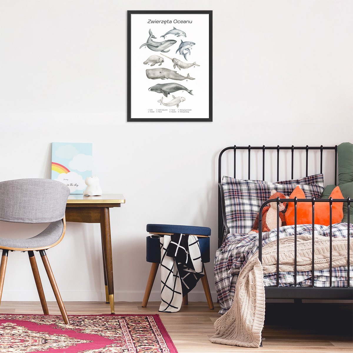 Plakat 50x70 cm do pokoju dziecięcego z wielorybami w czarnej ramce powieszony nad łóżkiem dziecka#jezyk_polski