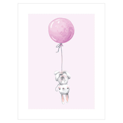 Plakat do pokoju  dziecka - królik lecący na balonie#kolor_rozowy