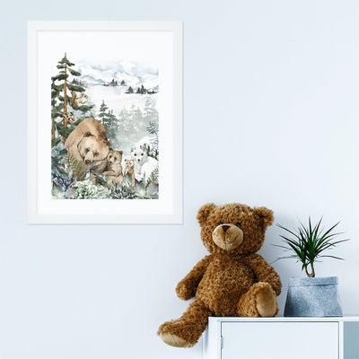 Plakat do pokoju dziecka las i zwierzęta leśne w białej ramce