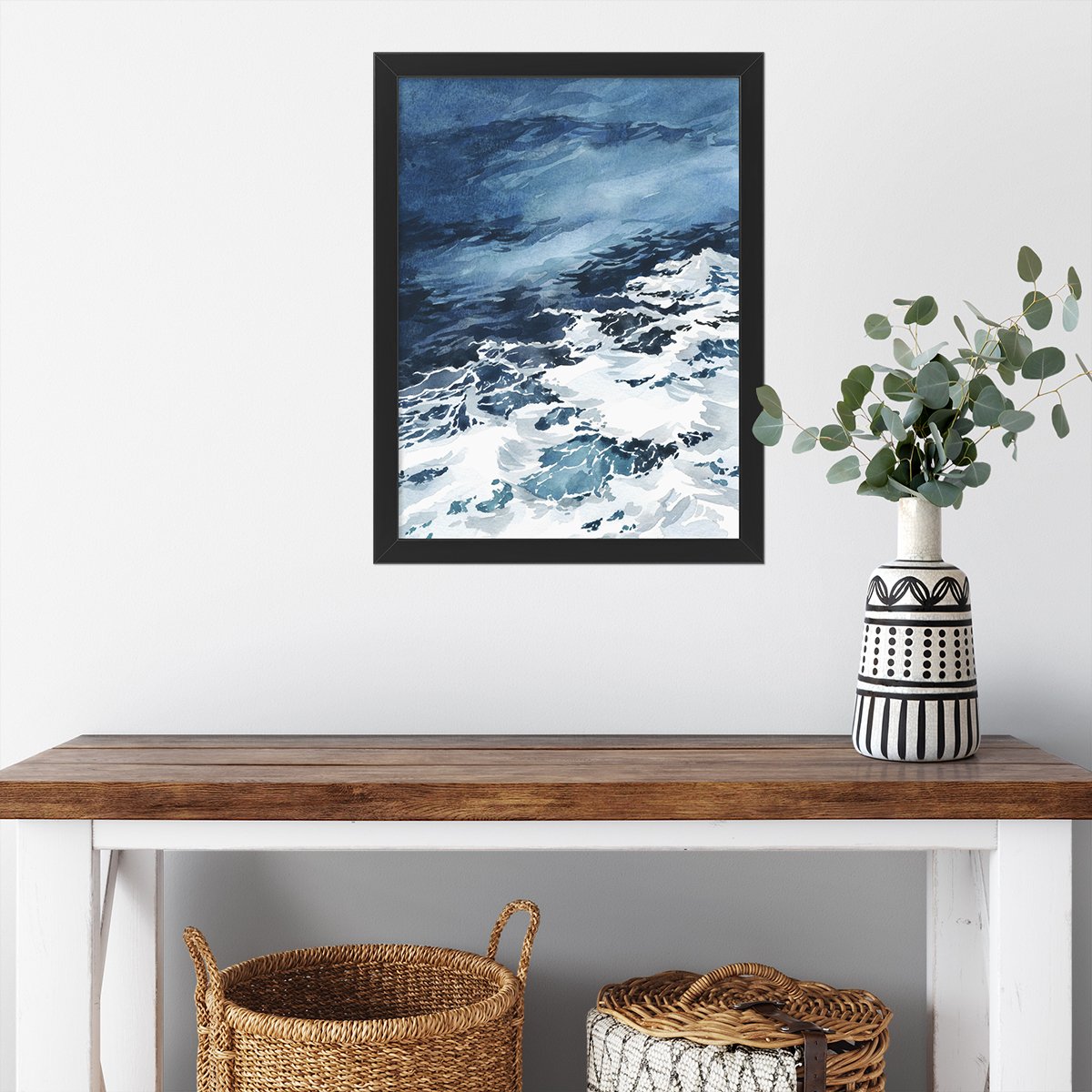 Plakat do przedpokoju malowany akwarelą ocean w czarnej ramie