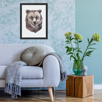 Plakat na ścianę do salonu z niedźwiedziem w czarnej ramce