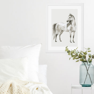 Plakat na ścianę do sypialni z białym konie w ramie