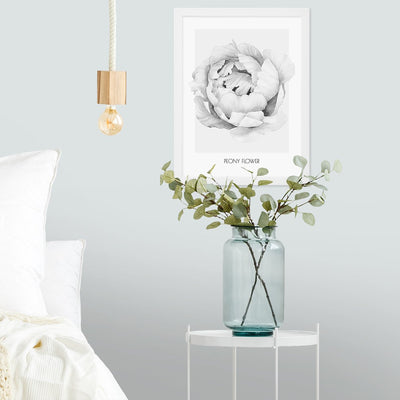 Plakat do sypialni z szarym kwiatem piwonii w białej ramie powieszony na ścianie za łóżkiem#kolor_szary