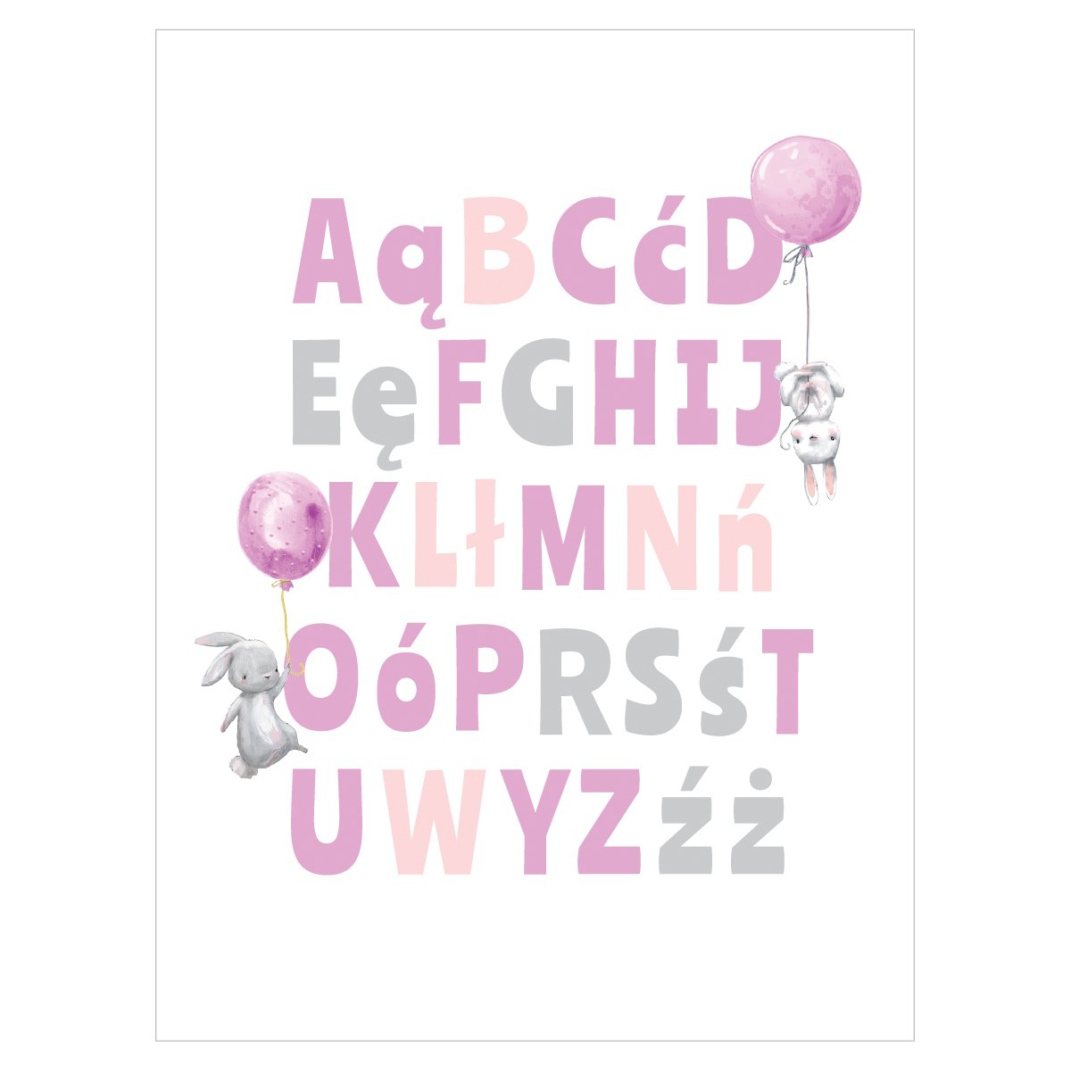 Plakaty dydaktyczne z różowym alfabetem dla dziewczynek - pomysł na dekorację ścian pokoju pierwszoklasistki#kolor_rozowy
