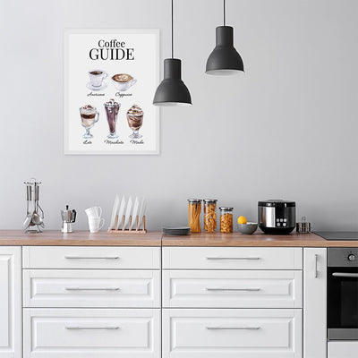 Plakat do kuchni z napisami i filiżanki kawy w białej ramce powieszony nad blatem