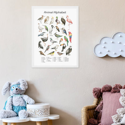 Plakat dla dzieci alfabet i gatunki egzotycznych ptaków w białej ramie powieszone na ścianie w pokoju dziecięcym