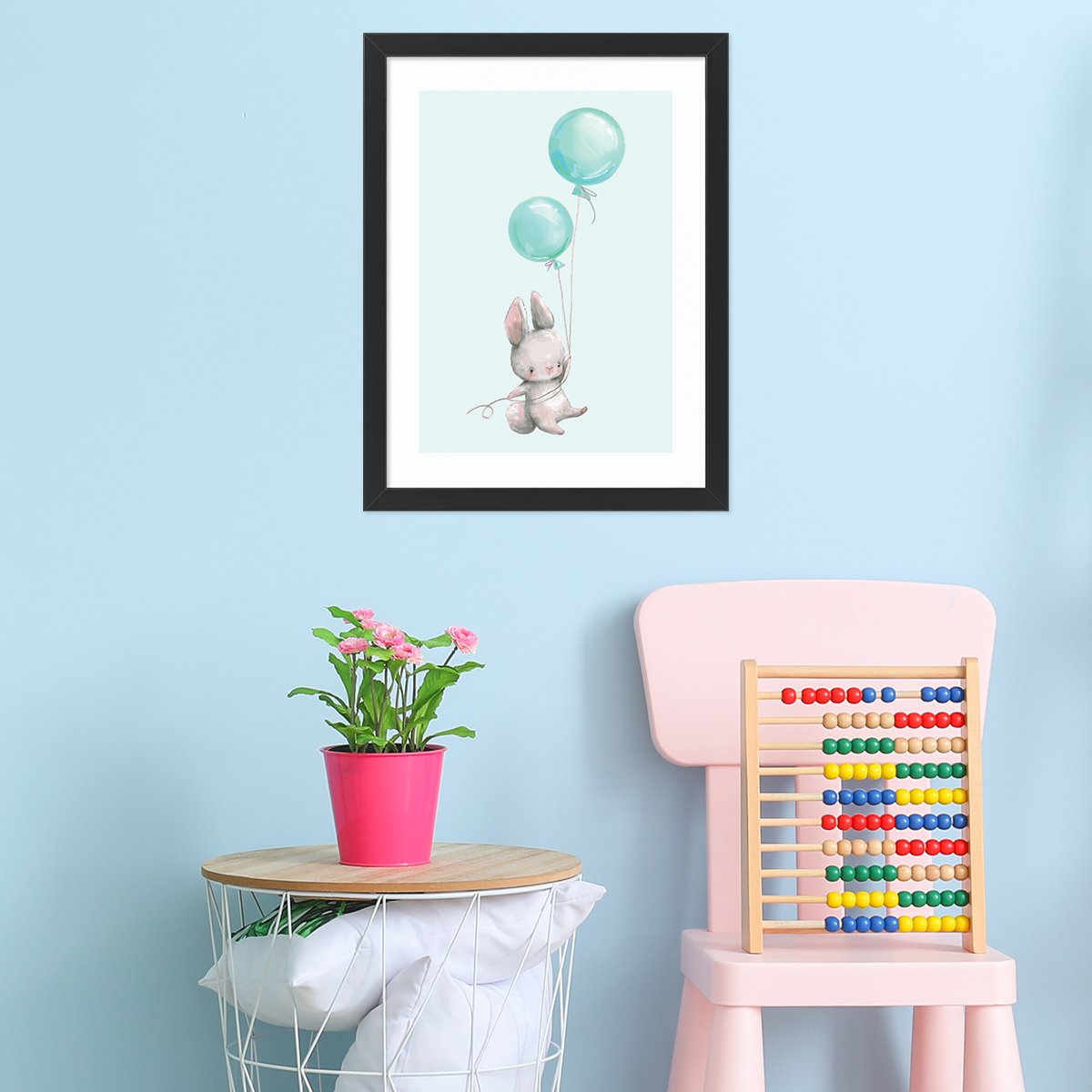 Plakat króliczek z miętowymi balonami do pokoju dziecięcego#kolor_mietowy