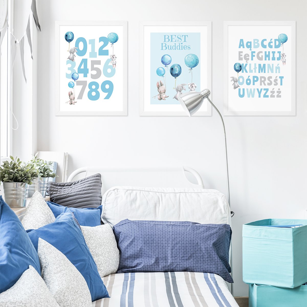 Plakat alfabet, cyfry i królik do pokoju chłopca #kolor_niebieski