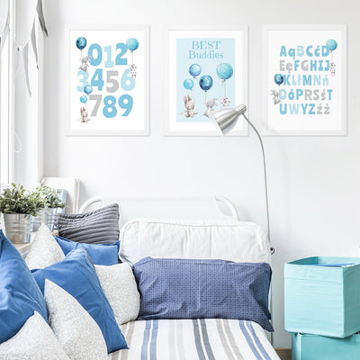 Plakat do pokoju chłopca alfabet, cyfry i królik w białej ramce#kolor_niebieski