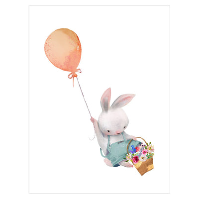 Plakat dla dzieci i młodzieży - królik z balonem i koszykiem kwiatów