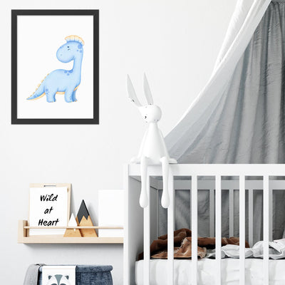 Plakat na ścianę niebieski, wesoły dinozaur do pokoju dziecięcego