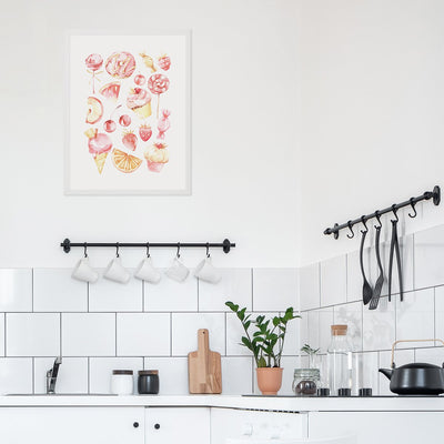 Plakat na ścianę do kuchni z owocami i słodyczami w białej ramce