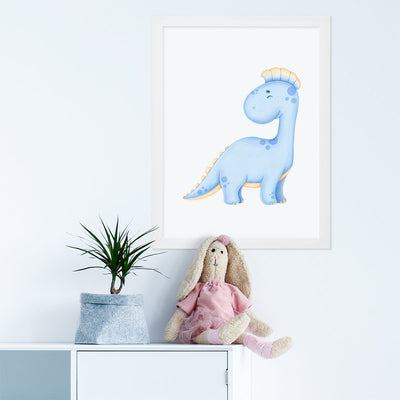 Plakat na ścianę z dinozaurem do pokoju dziecięcego w białej ramie