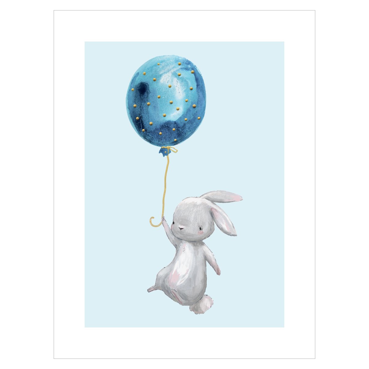 Plakat z królikiem lecącym z niebieskim balonem do pokoju dziecięcego#kolor_niebieski