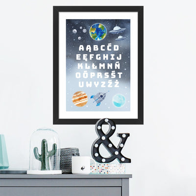 Plakat dla dzieci alfabet, kosmos, planety i ufo