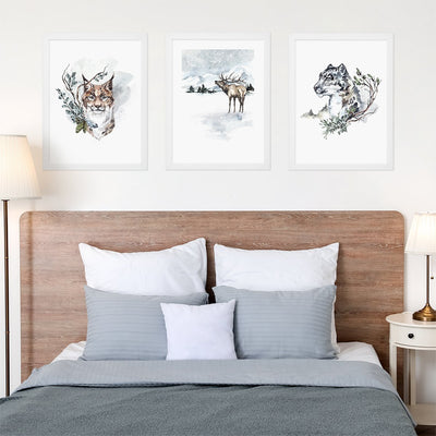Plakat na ścianę do sypialni ze zwierzętami leśnymi w białej ramce