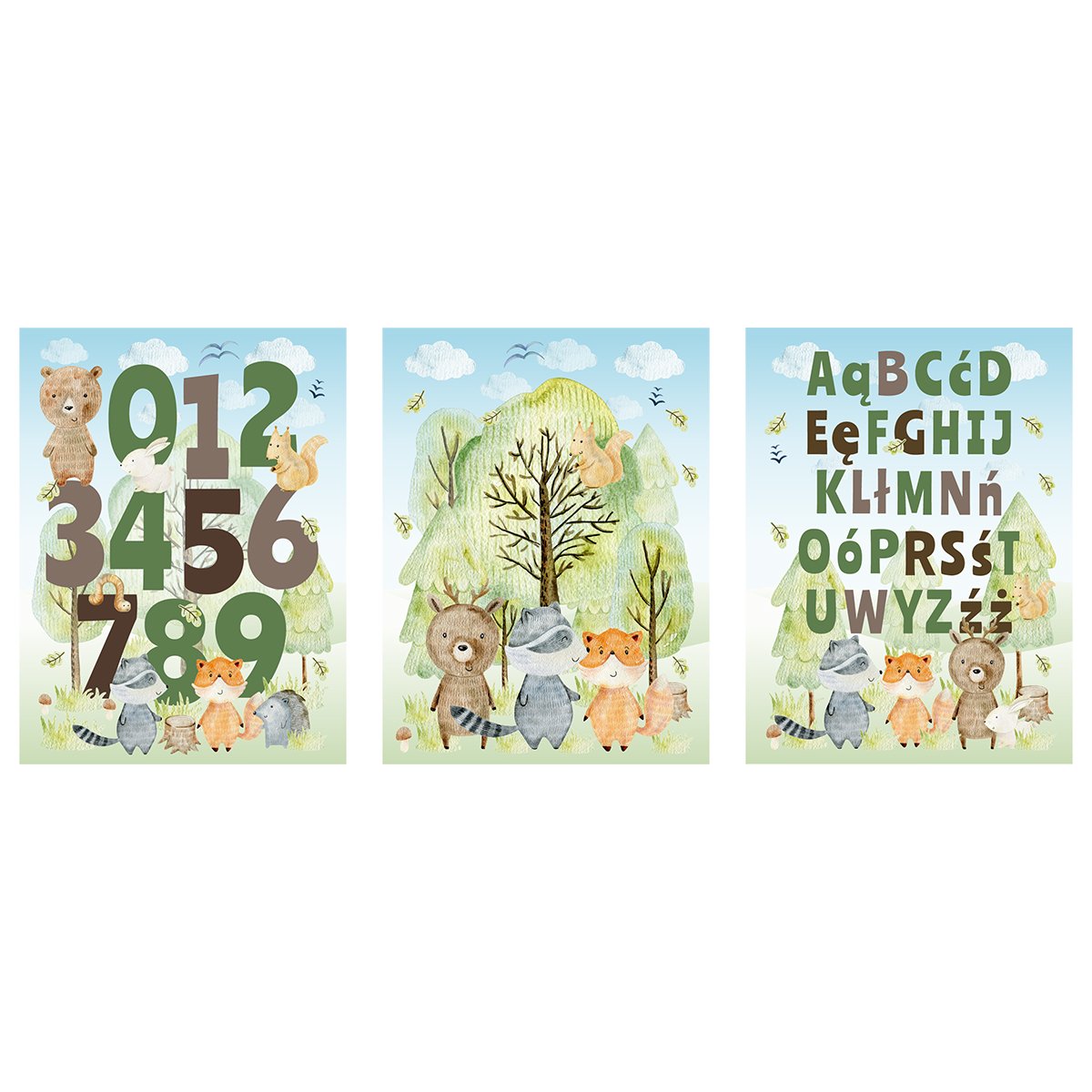 Plakaty ze zwierzętami leśnymi do pokoju dziecięcego - alfabet i cyfry - zestaw trzech plakatów