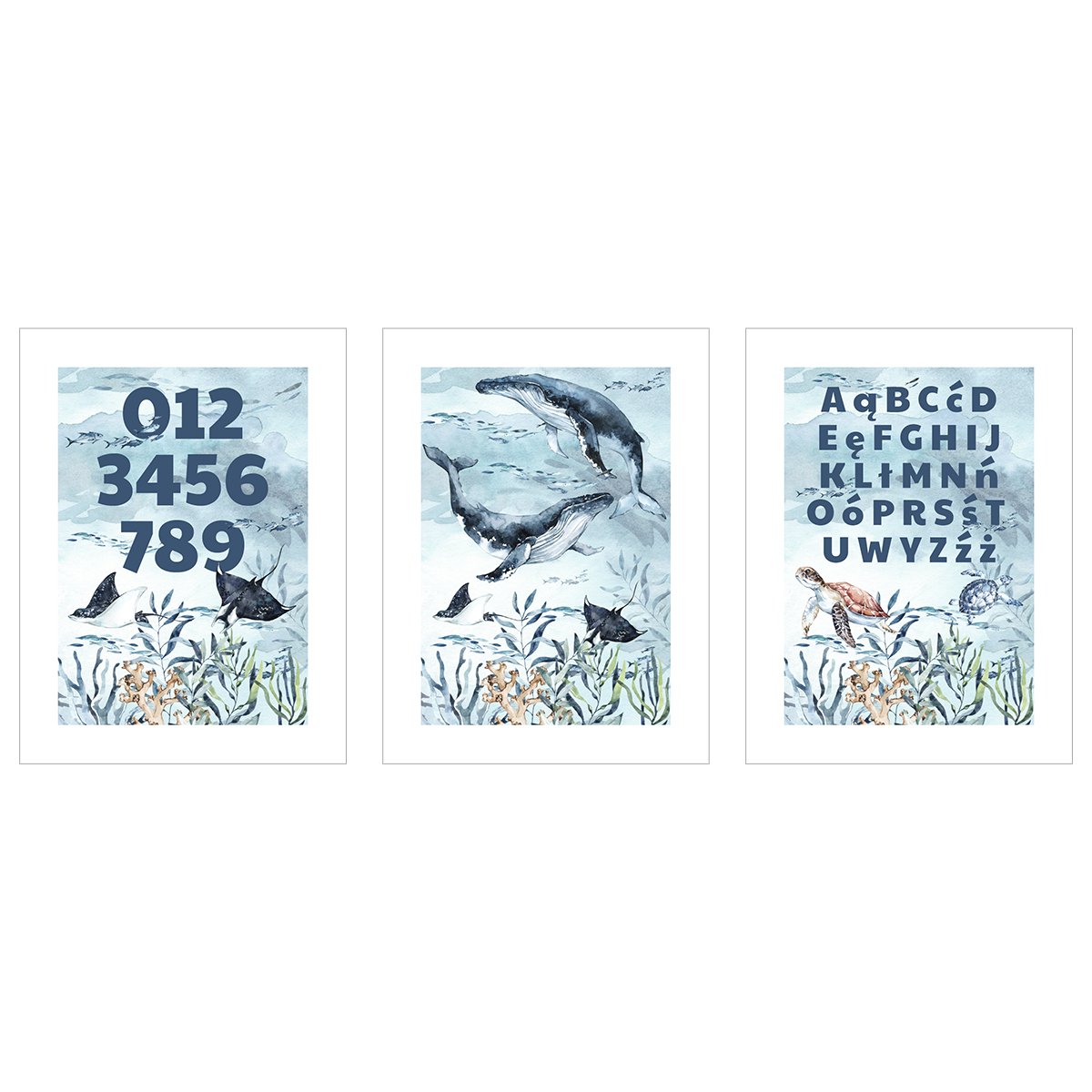 Plakaty morskie do pokoju dziecka - alfabet i cyfry - zestaw trzech plakatów