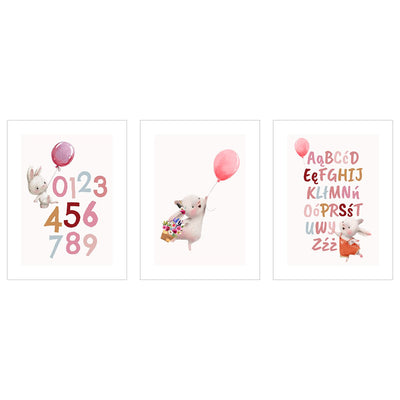 Plakaty dla dziewczynki - alfabet, cyfry i latające króliki - zestaw trzech plakatów