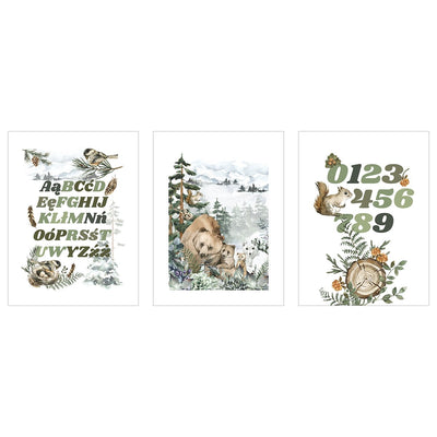 Plakaty dla dzieci na ścianę - alfabet i zwierzęta leśne - zestaw trzech plakatów