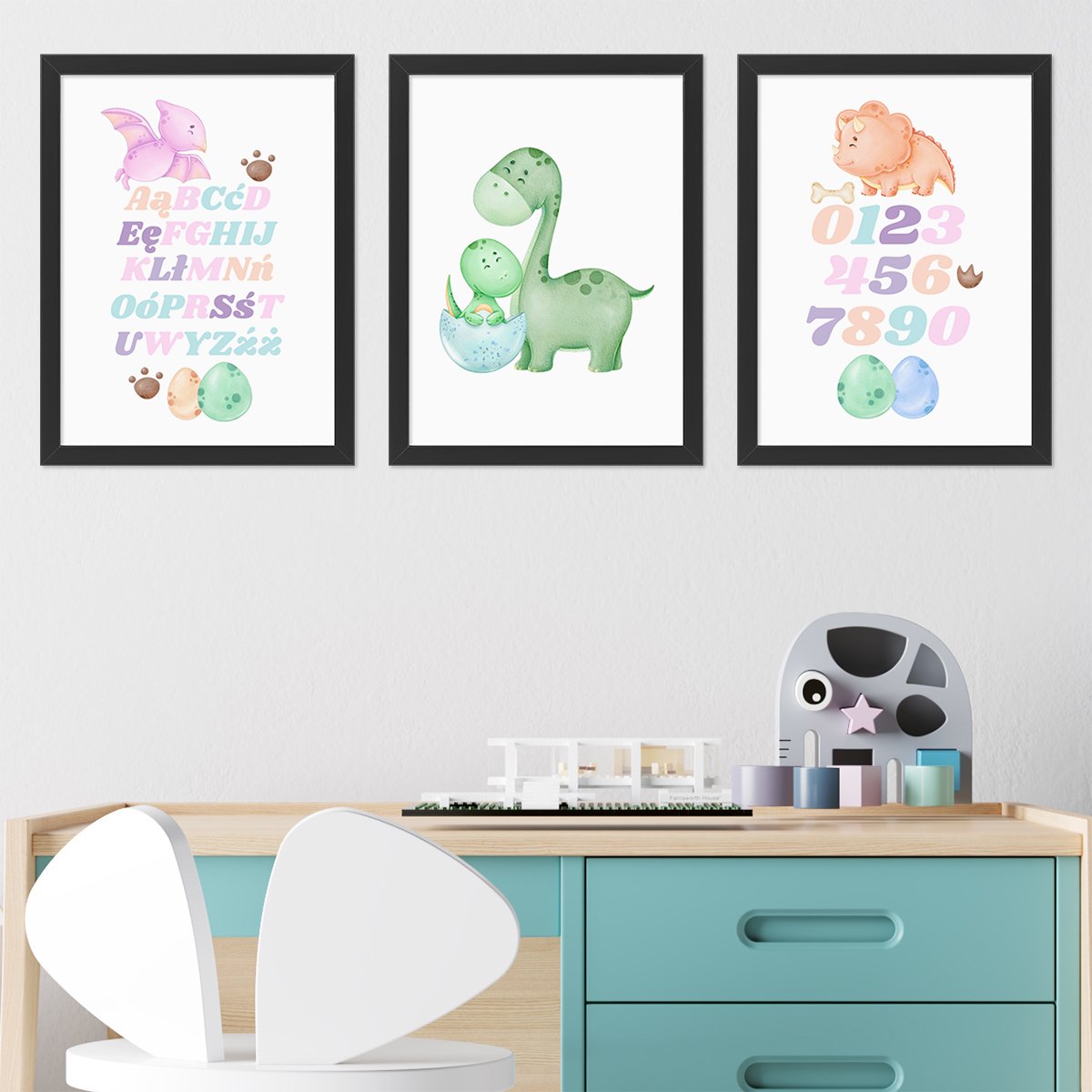 Plakaty alfabet, cyfry i dinozaury dla dzieci