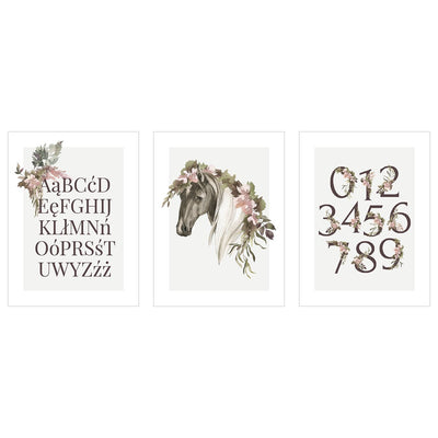 Plakaty dla dziewczynki - polski alfabet i cyfry - zestaw trzech plakatów