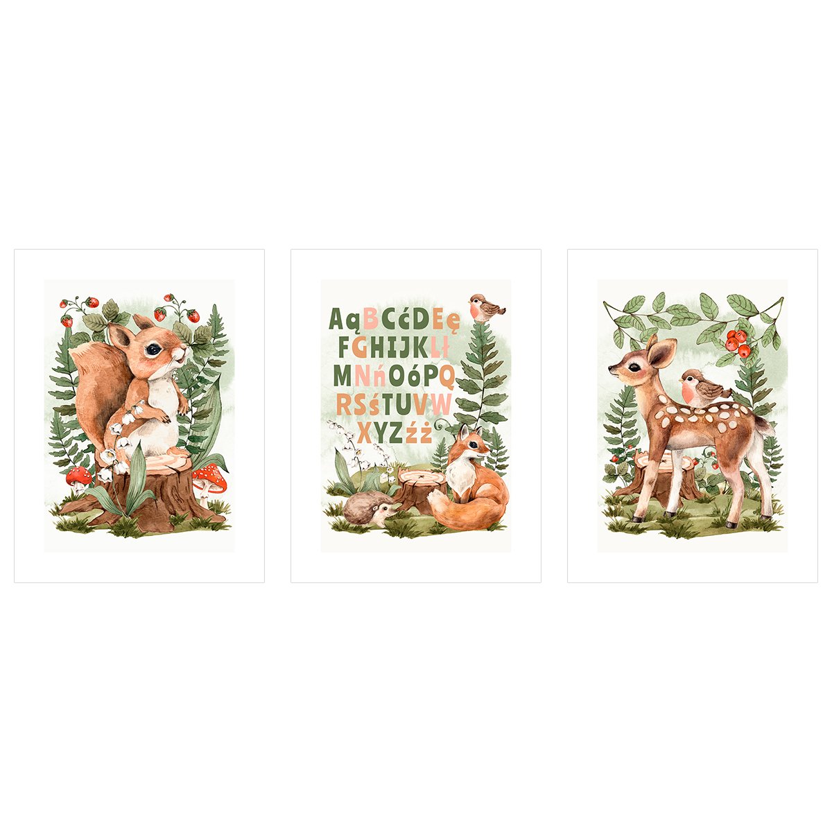 Edukacyjne plakaty do przedszkola - alfabet i zwierzęta leśne - zestaw trzech plakatów
