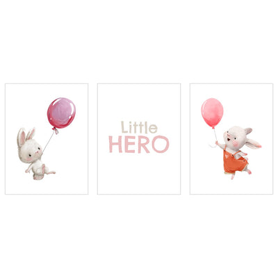 Plakaty dla dzieci i młodzieży - króliki lecące z balonikami - zestaw trzech plakatów