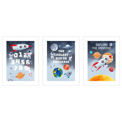 Plakaty edukacyjne do pokoju chłopca - kosmos i cyfry - zestaw trzech plakatów